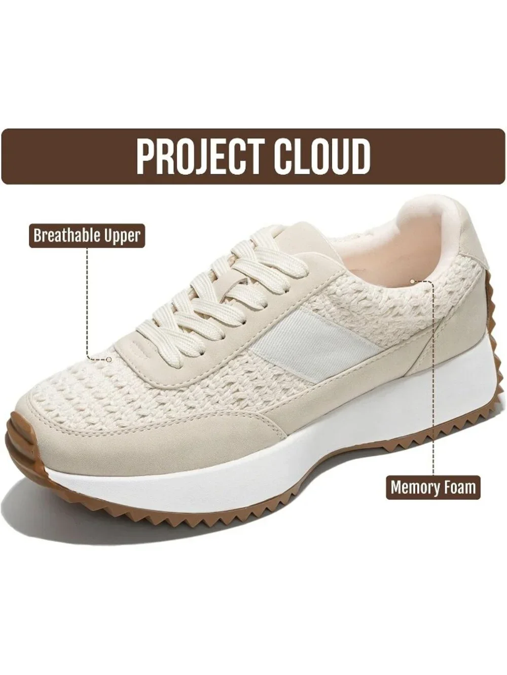 🆕Project Cloud Women's Apricot Sneakers Memory Foam Lightweight Lace Up